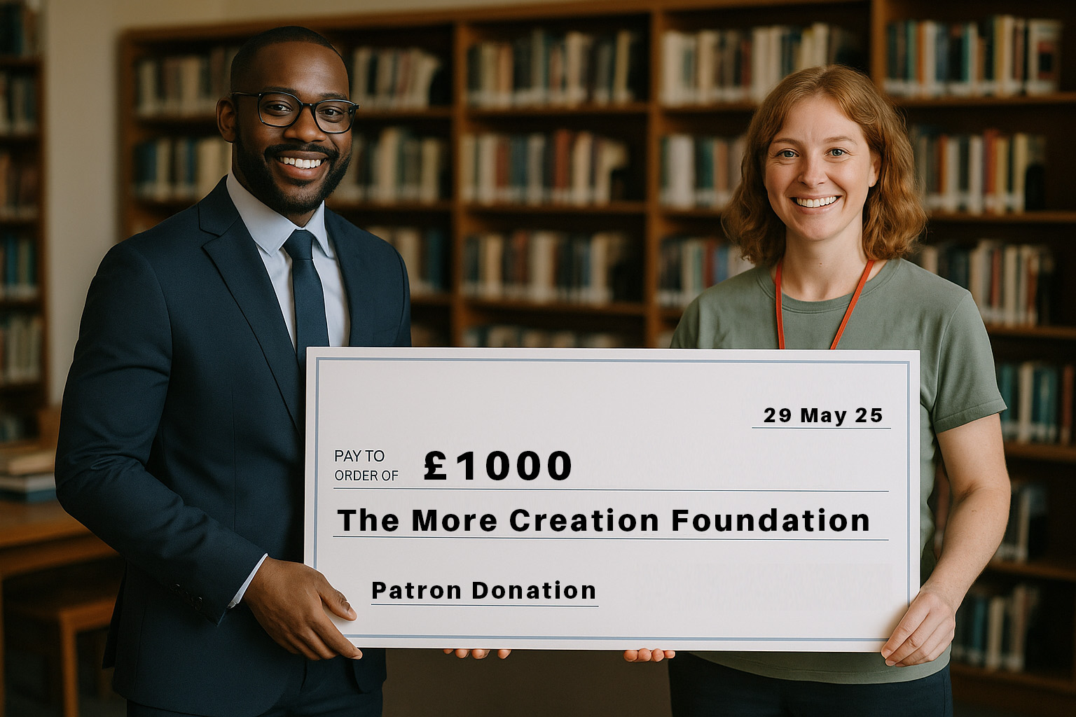 Supporter presenting a cheque for The More Creation Foundation